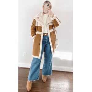 Blank NYC Faux Shearling Trim Coat in Tan Brown/Cream Size Medium